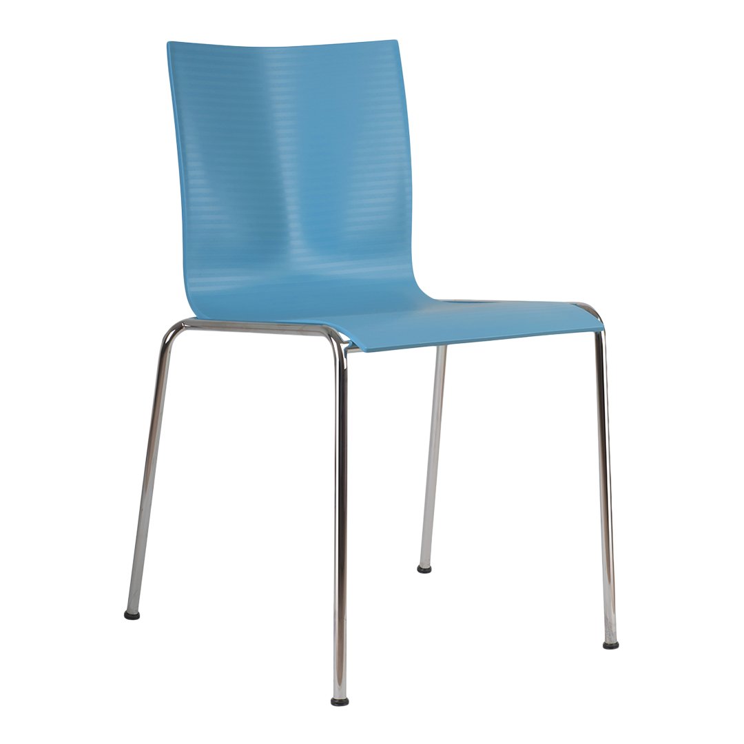 Light blue chair with a smooth, textured surface and sleek chrome legs, ideal for modern spaces.