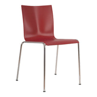 Red ribbed plastic chair with sleek chrome legs, perfect for modern decor and versatile seating.
