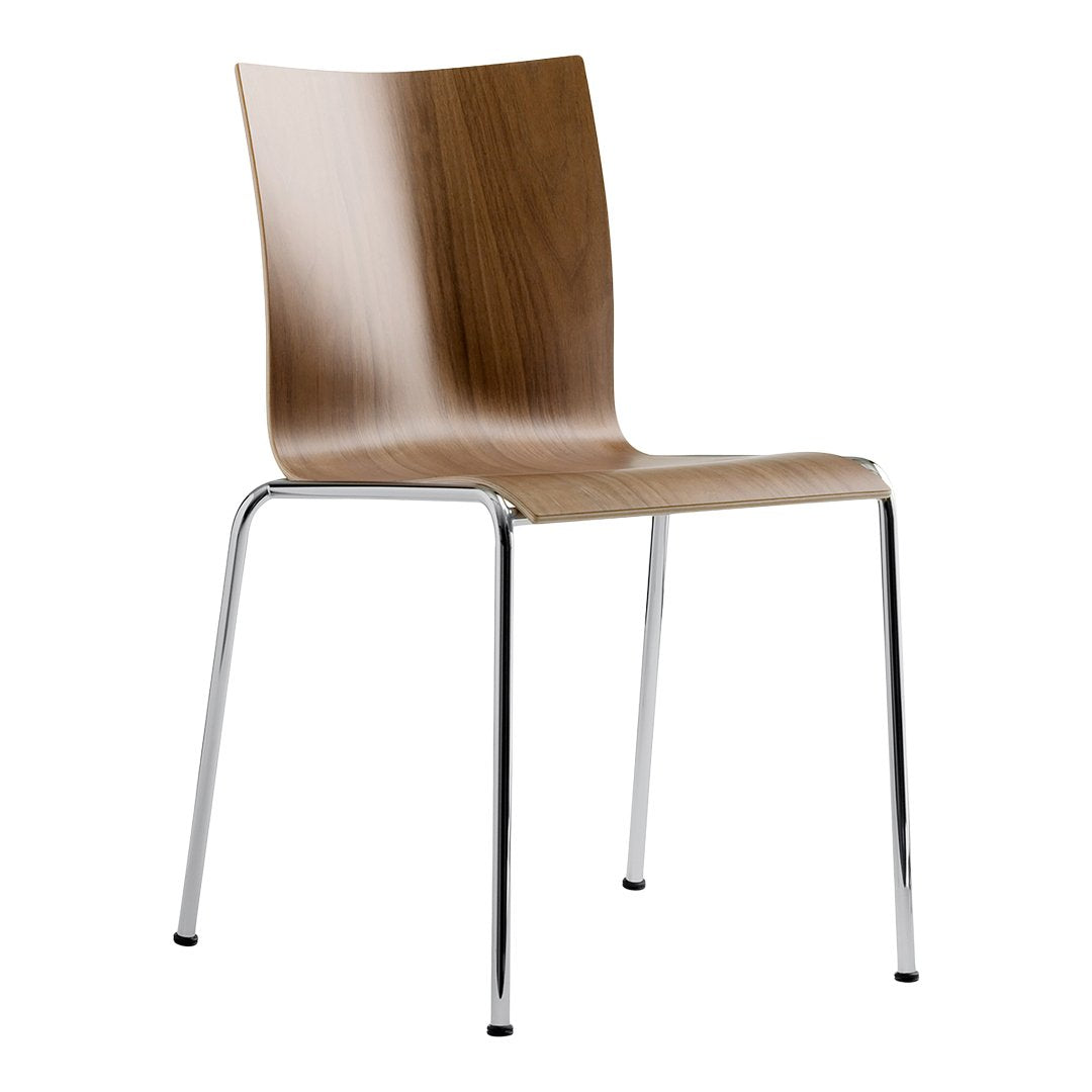 Wooden chair with a smooth walnut finish and sleek chrome legs, featuring a minimalist design and modern aesthetic.