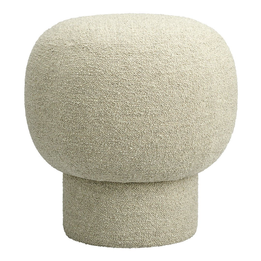 Cream-colored, textured pouf with a rounded shape and soft, plush fabric. Perfect for modern decor.