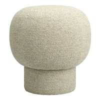 Cream-colored, textured pouf with a rounded shape and soft, plush fabric. Perfect for modern decor.