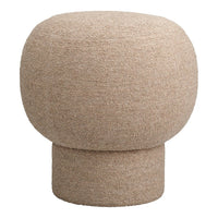 Round natural beige pouf with a textured, soft fabric surface, perfect for modern decor.