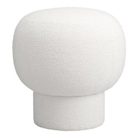 White textured pouf with a rounded shape and soft, fuzzy surface, ideal for modern decor.