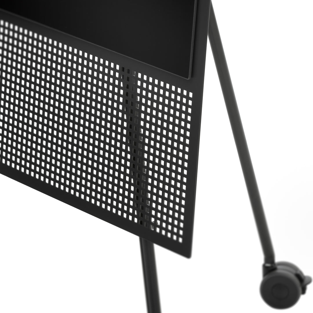 Black metal mesh screen on a cart, featuring a grid pattern with sleek, minimalist design elements.