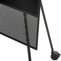 Black metal mesh screen on a cart, featuring a grid pattern with sleek, minimalist design elements.