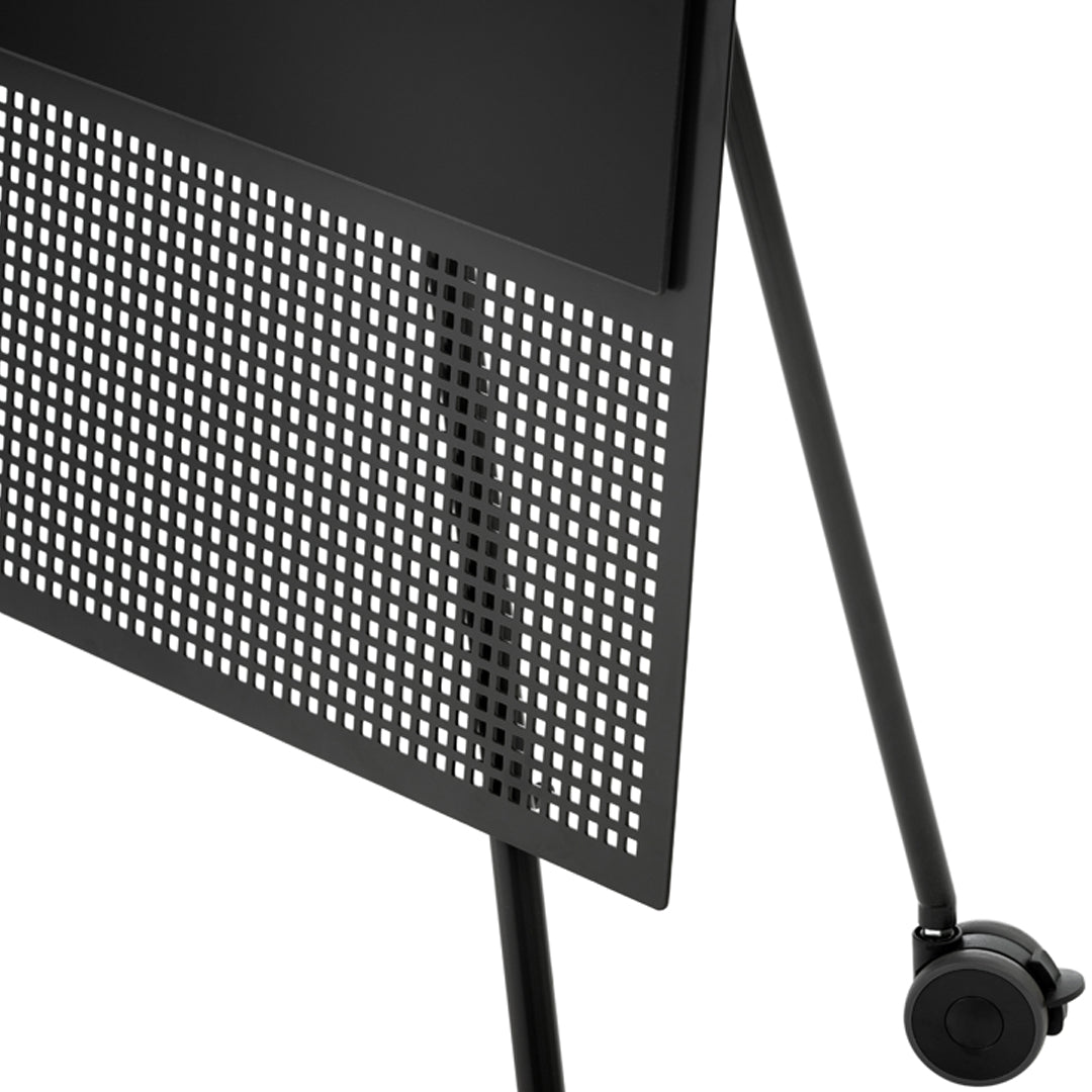 Black mesh pattern with smooth edges and sleek, modern lines, featuring a minimalist design and rolling wheels.