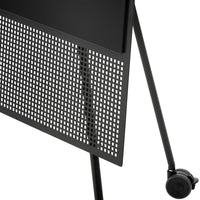 Black mesh pattern with smooth edges and sleek, modern lines, featuring a minimalist design and rolling wheels.