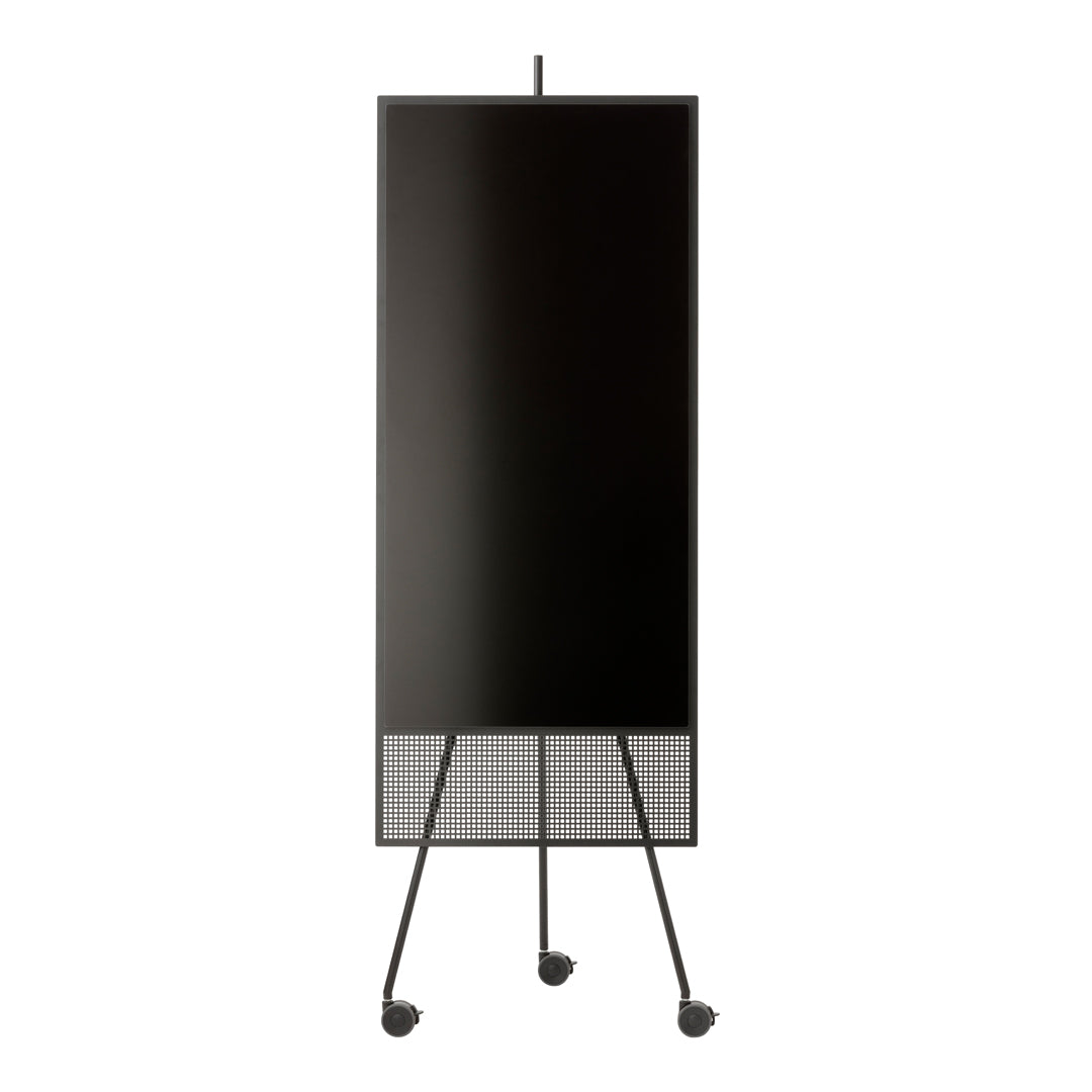 Black display board with a grid pattern base on a rolling stand, featuring a sleek, modern design.