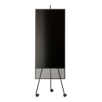 Black display board with a grid pattern base on a rolling stand, featuring a sleek, modern design.