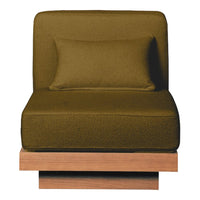 Olive green fabric chair with a smooth texture and wooden base, featuring a matching rectangular cushion.