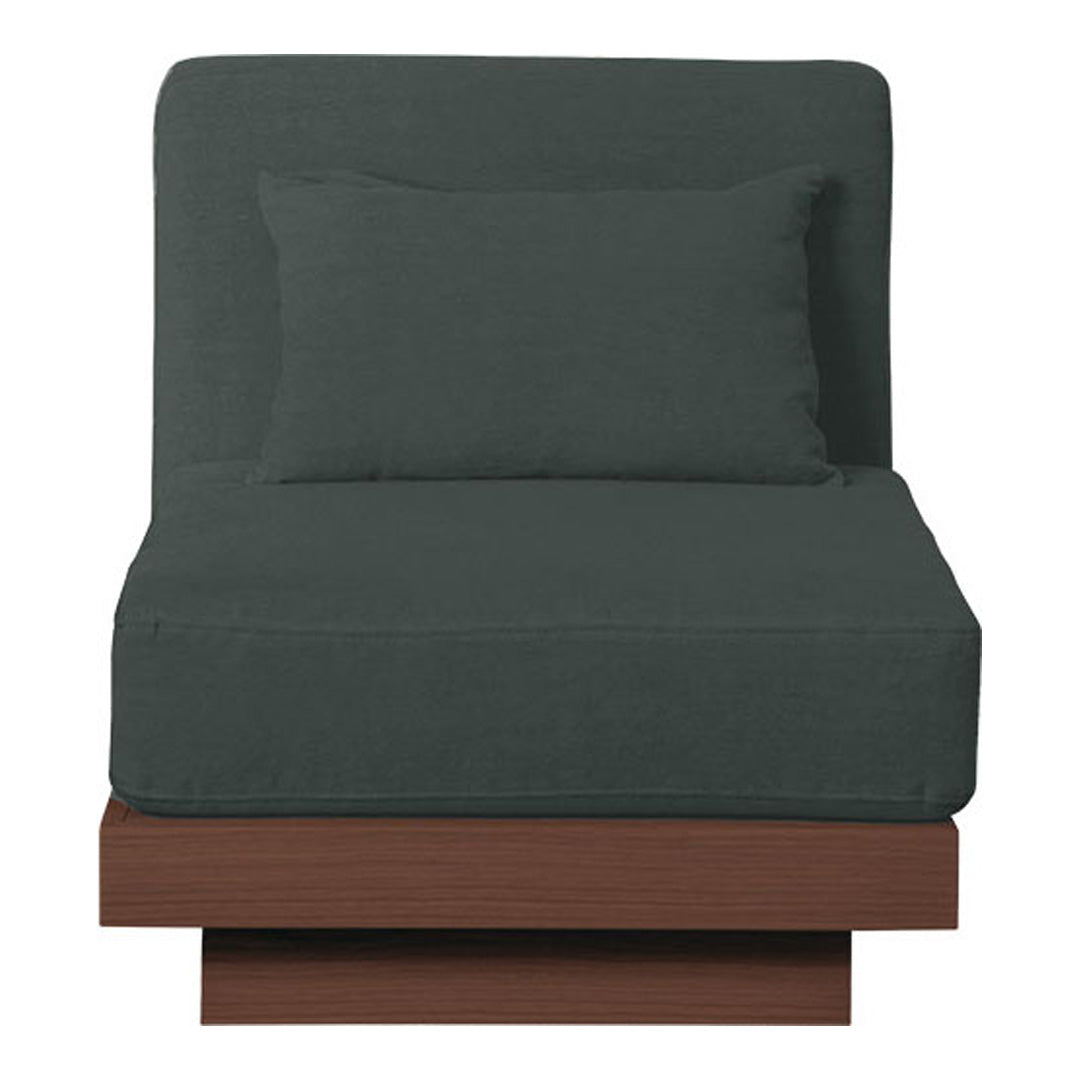 Dark green upholstered chair with a matching cushion atop a brown wooden base. Modern and minimalistic design.