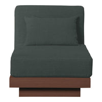 Dark green upholstered chair with a matching cushion atop a brown wooden base. Modern and minimalistic design.