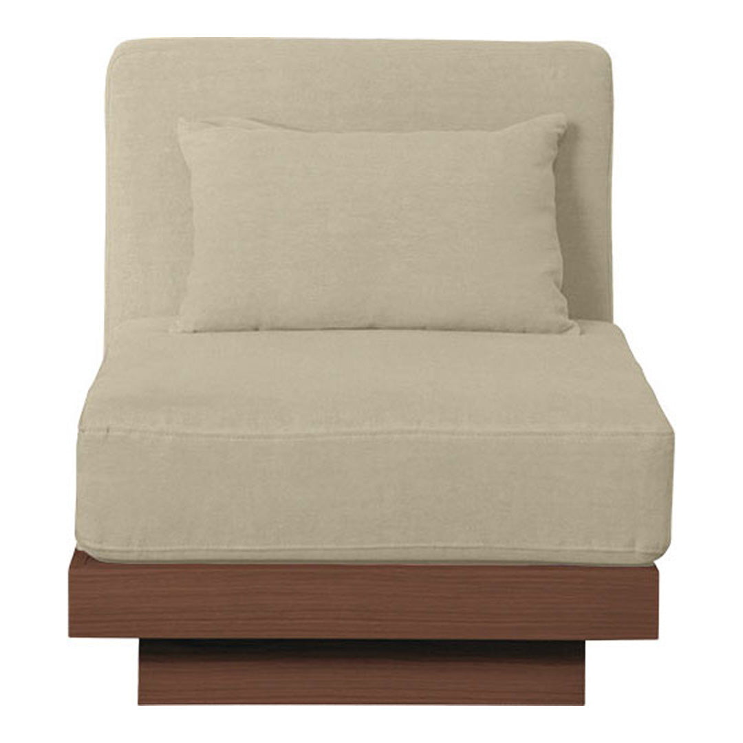 Beige linen accent chair with a matching pillow and a dark wood base, featuring a simple, modern design.
