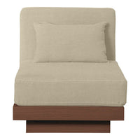Beige linen accent chair with a matching pillow and a dark wood base, featuring a simple, modern design.
