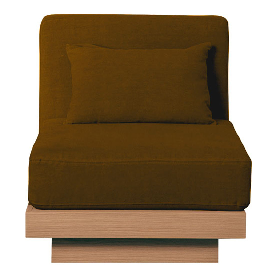 Olive green upholstered chair with a matching cushion on a light wooden base. Stylish and modern design.