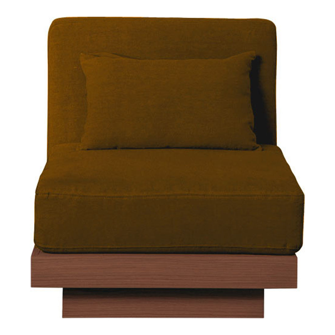 Olive green upholstered chair with a matching cushion on a wooden base, featuring a sleek, modern design.