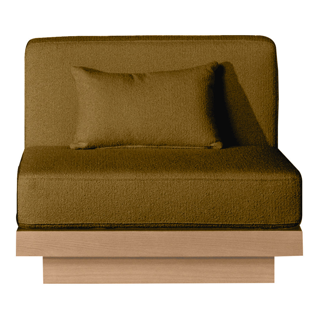 "Modern brown upholstered chair with a plush back cushion on a light wooden base."