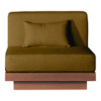 Brown upholstered chair with a textured fabric and a matching throw pillow on a wooden base.