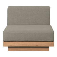 Gray upholstered chair with a minimalist design and natural wood base, featuring a smooth, solid color fabric.