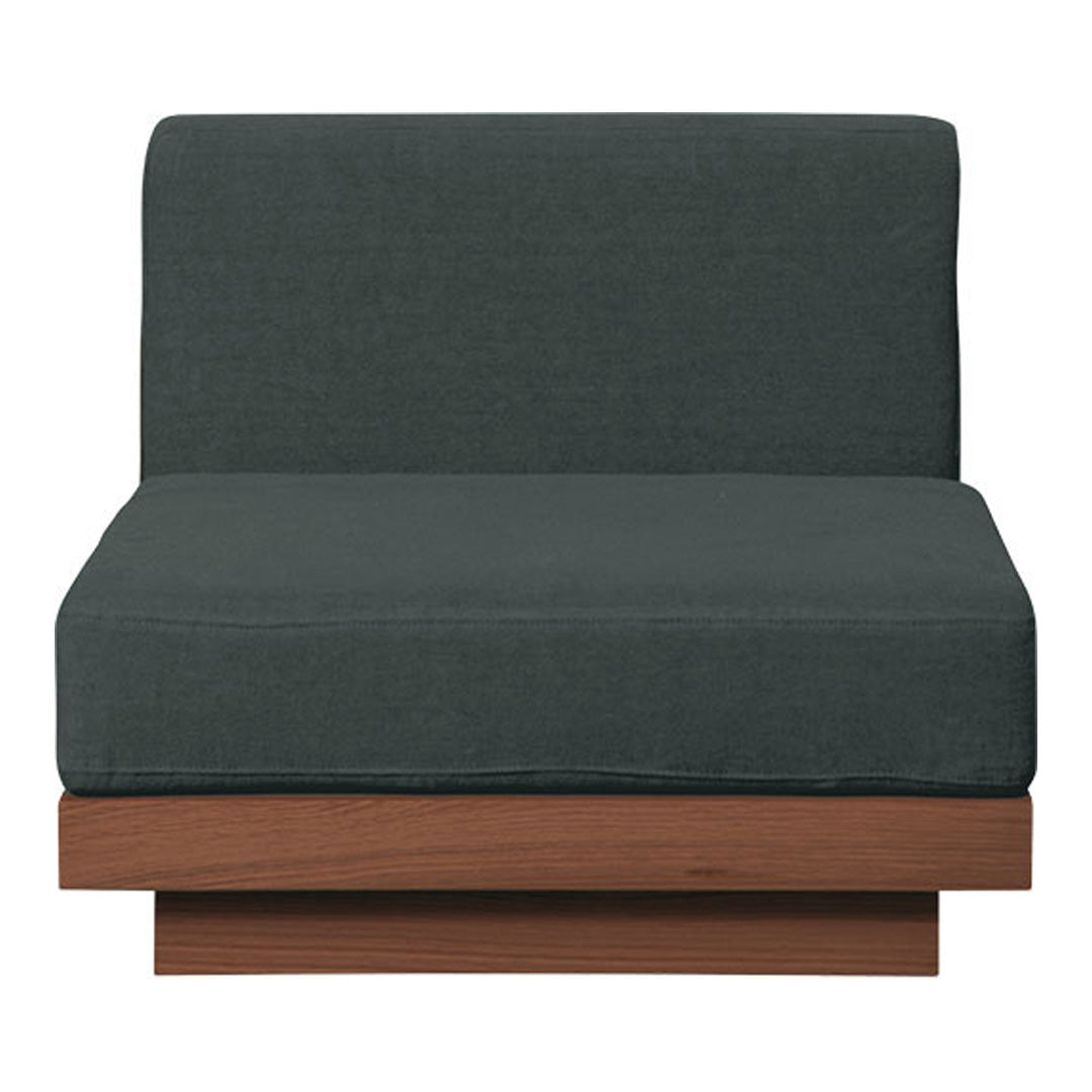 Dark gray upholstery with a smooth texture, paired with a warm wood base, minimalistic design.