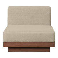 Beige upholstery on a minimalist wood base, creating a neutral and stylish look for modern decor.