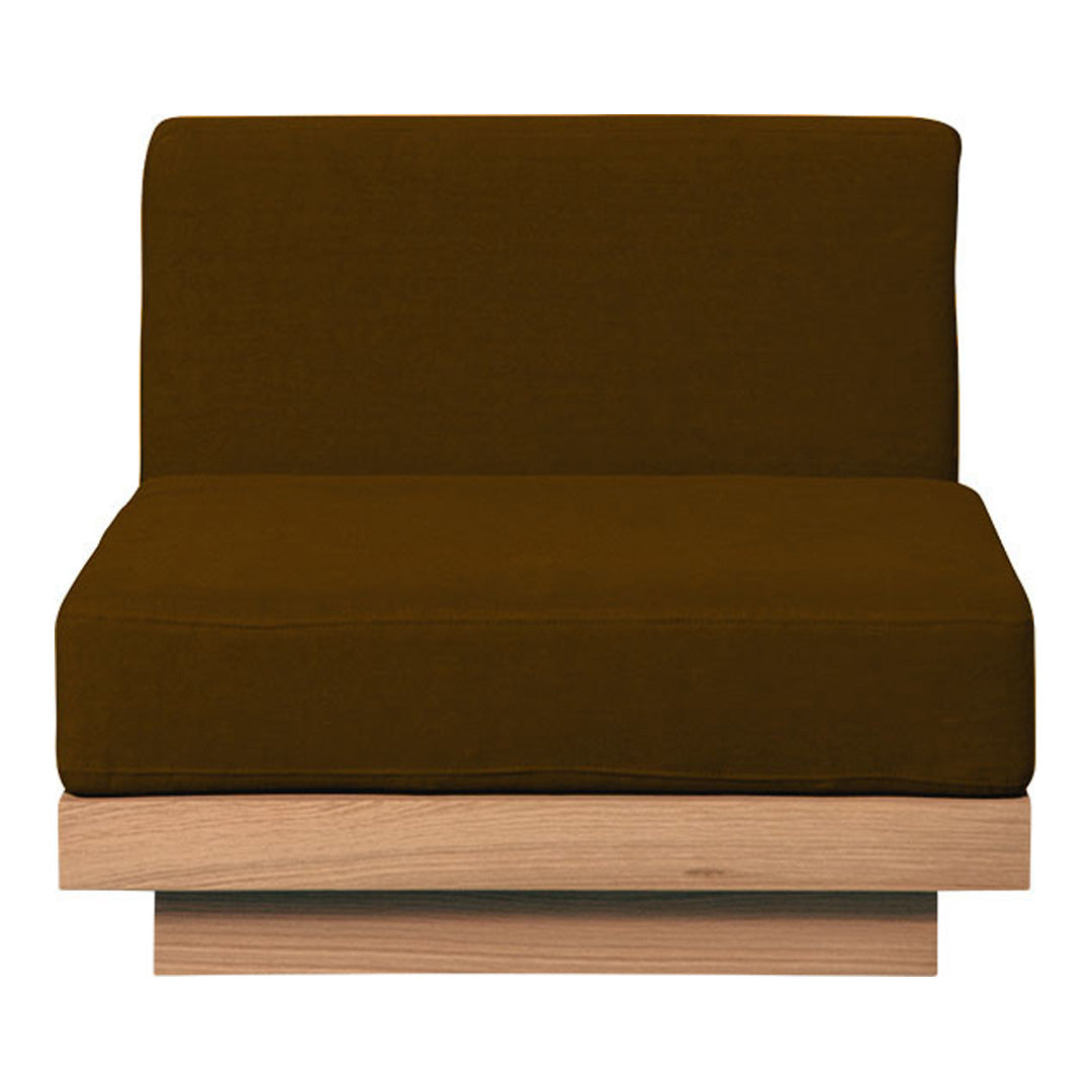 Brown upholstered chair with a smooth, solid wood base. Elegant, minimalist design. Perfect for modern decor.
