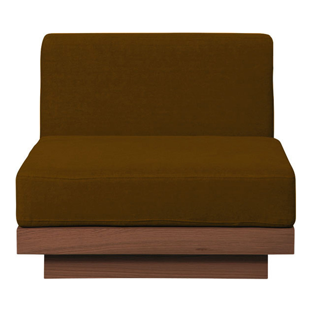 Brown upholstered chair with a minimalist wooden base, showcasing a solid color without patterns.