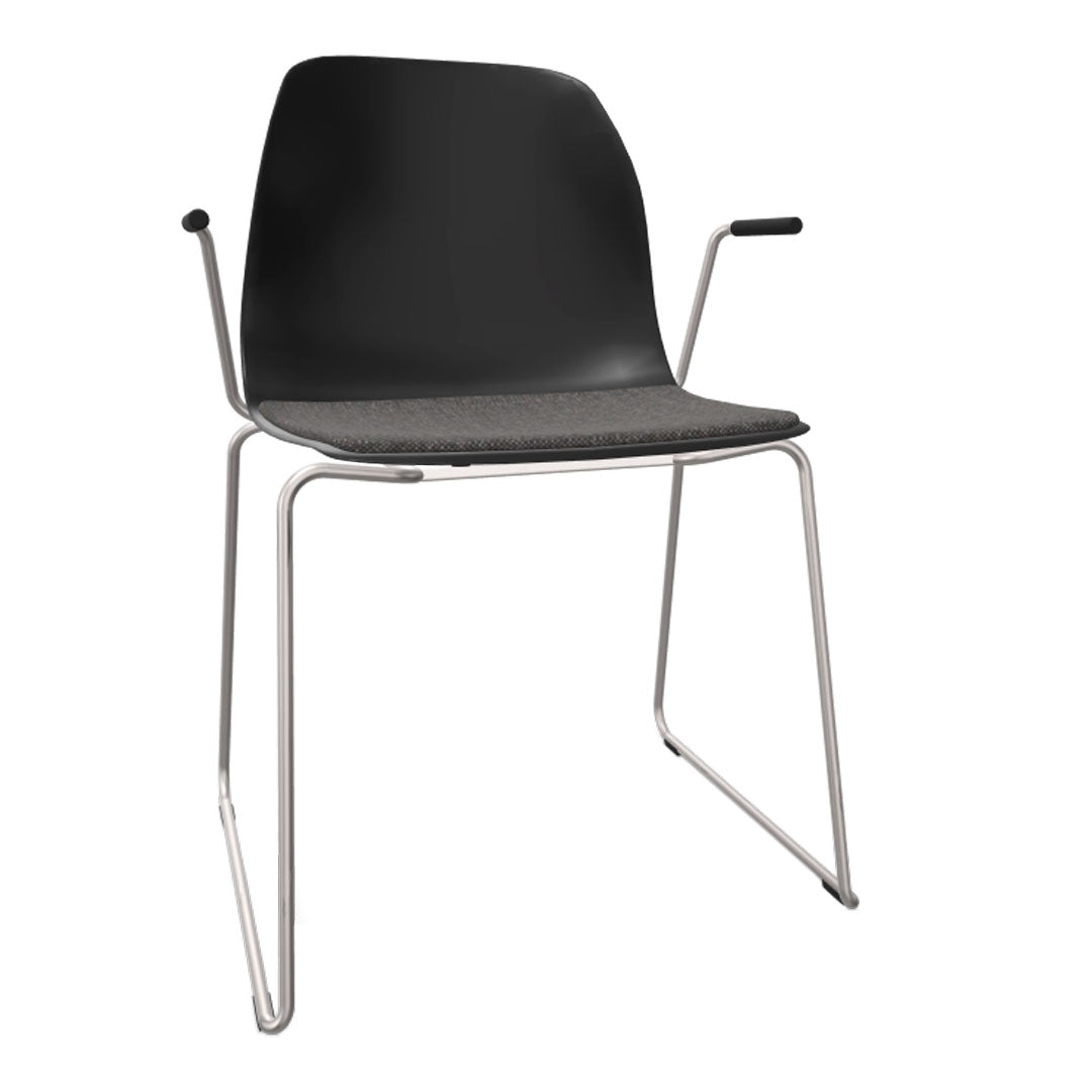 Black chair with a textured gray seat and sleek silver legs, perfect for modern decor.