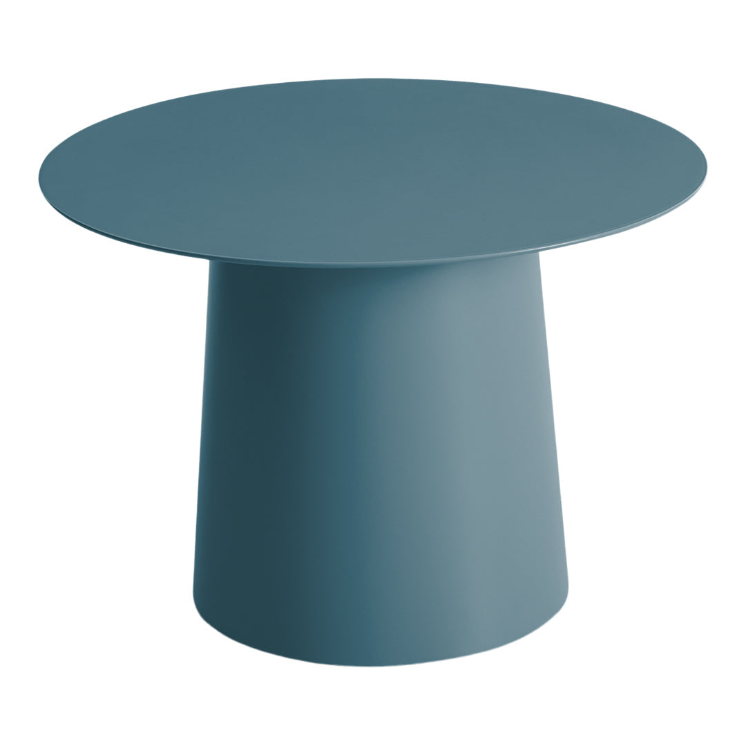 Round table in teal with a smooth, minimalist design and solid color finish, perfect for modern decor.