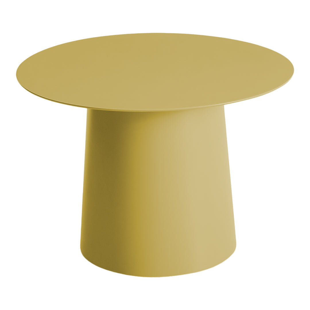 Round yellow table with a smooth, modern design and solid color, perfect for contemporary decor.