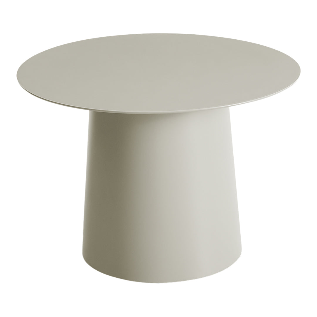 Minimalist round table in soft beige with a smooth, matte finish and cylindrical base. Perfect for modern decor.