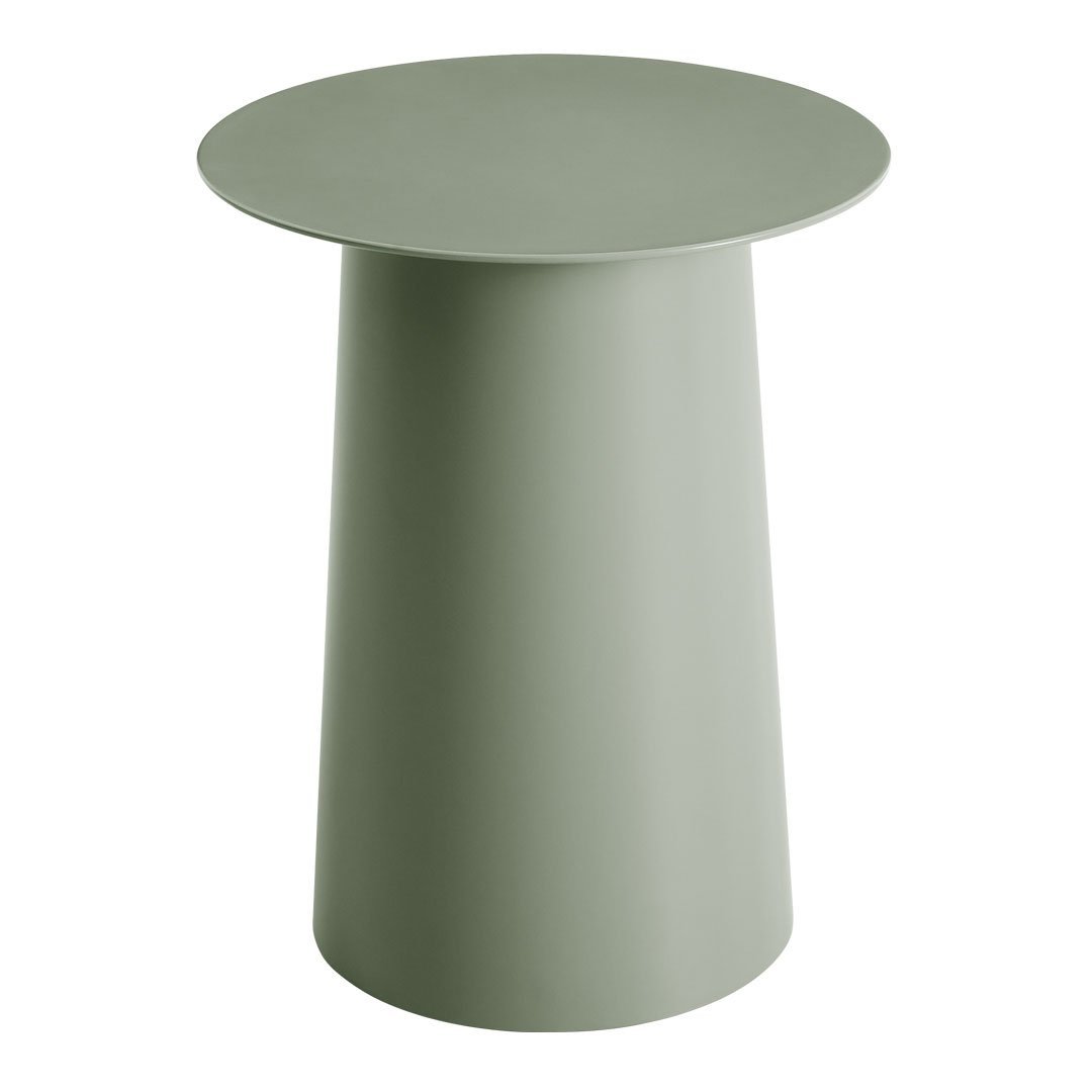 Round green side table with a smooth, matte finish and minimalist design. Ideal for modern decor.