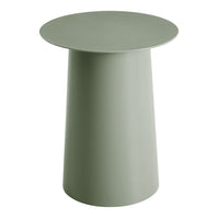 Round green side table with a smooth, matte finish and minimalist design. Ideal for modern decor.