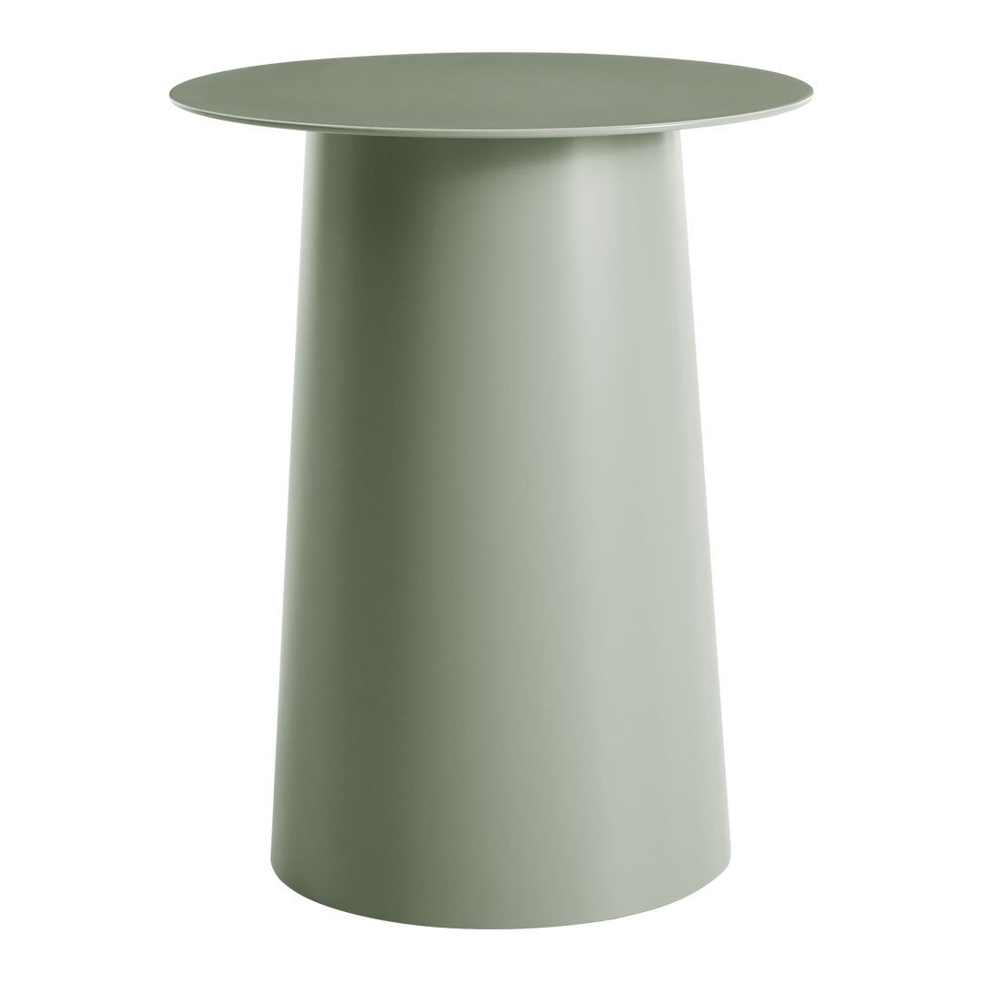 "Round green accent table with a smooth, minimalist design and solid color finish."