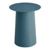 Teal round side table with a smooth matte finish, featuring a modern cylindrical shape and minimalist design.