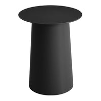 Sleek black modern side table with a smooth, circular top and tapered cylindrical base, perfect for contemporary decor.