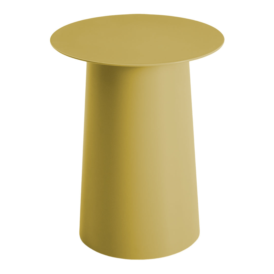 Round mustard yellow side table with a sleek, minimalist design and smooth matte finish. Perfect for modern decor.
