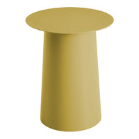 Round mustard yellow side table with a sleek, minimalist design and smooth matte finish. Perfect for modern decor.