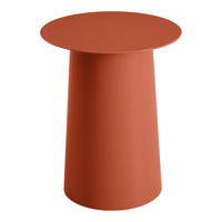 Rust-colored minimalist side table with a smooth, circular top and tapered base, perfect for modern decor.