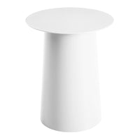 Modern white side table with a sleek, round top and cylindrical base, perfect for minimalist decor.