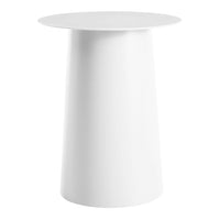 White minimalist side table with a smooth, round top and tapered base, perfect for modern décor.