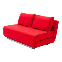 Bright red modern sofa with sleek lines and two plush cushions. Perfect for a contemporary living space.