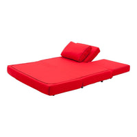 Vibrant red sofa bed with a smooth finish and matching cushions, perfect for modern decor.