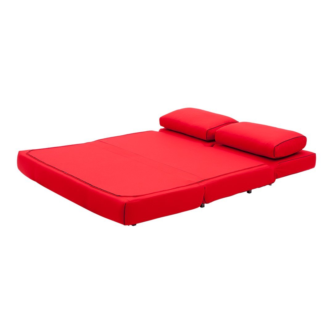 Vibrant red sofa bed with smooth fabric and two matching cushions, ideal for stylish comfort and modern decor.
