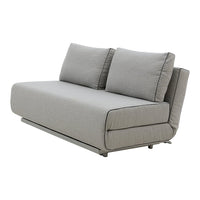 Gray fabric sofa with a sleek, modern design and subtle texture, featuring two back cushions for comfort.
