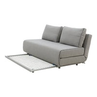 Gray fabric sofa bed with clean lines and two plush back cushions, featuring a modern, minimalist design.