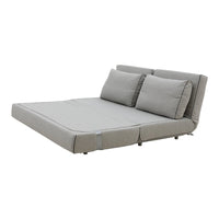 Gray upholstered sofa bed with a minimalist design and subtle texture, featuring two matching cushions.