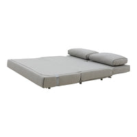 Gray upholstered mattress with textured fabric and two matching pillows for modern decor. Perfect for versatile spaces.