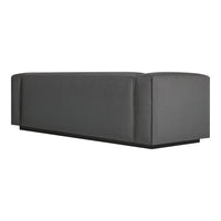 Sleek gray sofa with clean lines and a minimalist design on a black base. Ideal for modern decor.