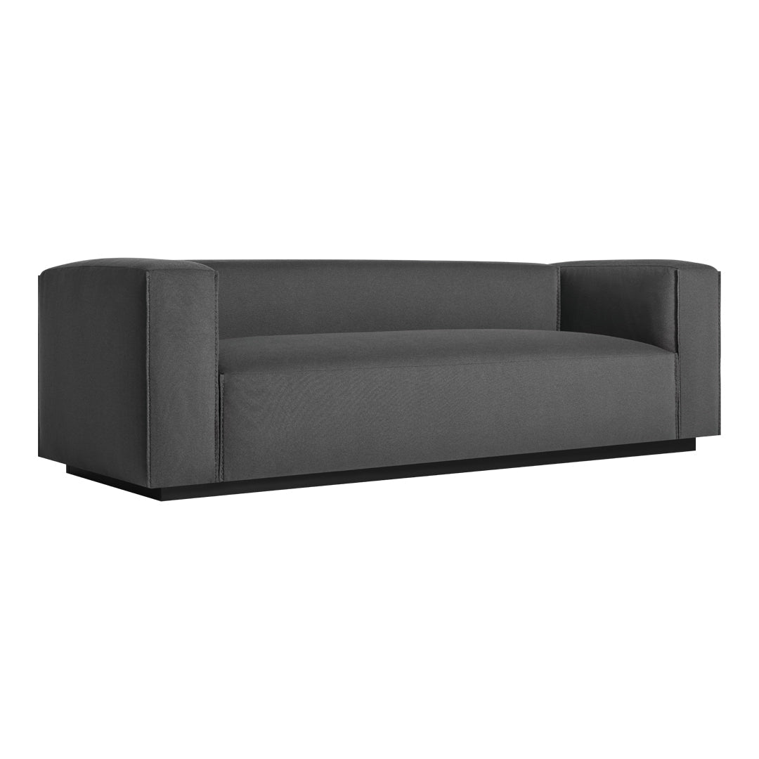 Modern gray sofa with a sleek, minimalist design and smooth fabric, perfect for contemporary living spaces.